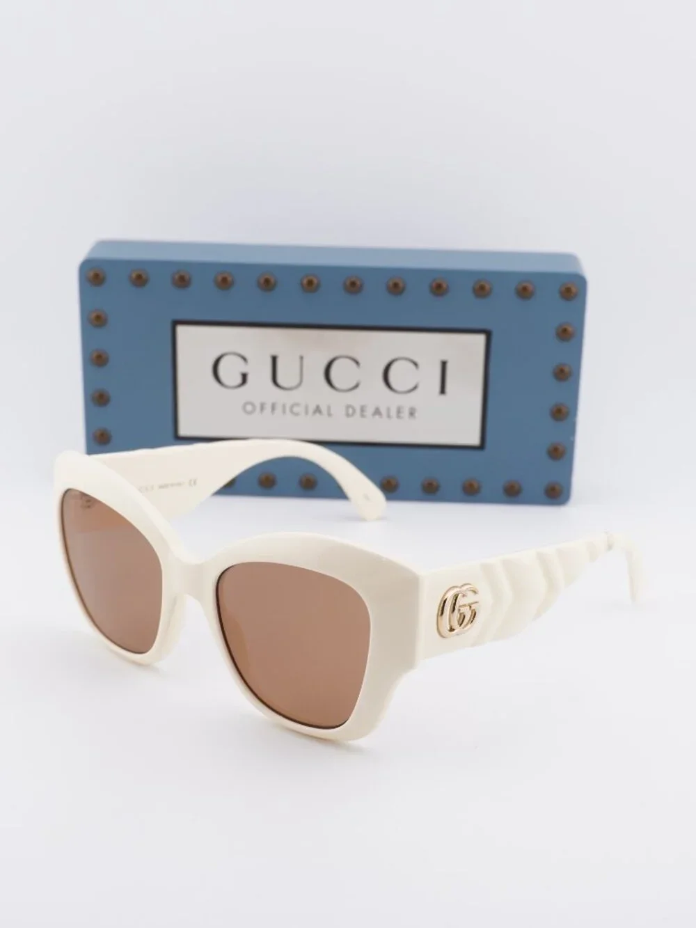 Gucci GG0808S 002 Cat Eye Sunglasses - Ivory/ Brown